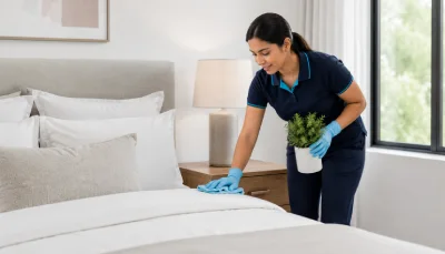 Professional cleaner performing end of lease cleaning and exit cleaning in a bright residential bedroom Living room Cleaning services provider in Glenelg Adelaide