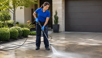 Professional cleaner pressure washing a driveway for end of lease and vacate cleaning services Outdoors area Cleaning services provider in Glenelg Adelaide