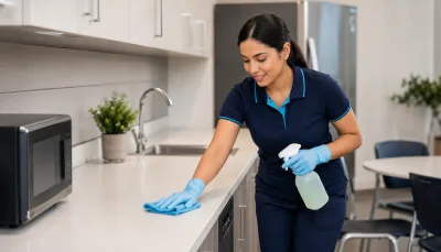 Professional cleaner sanitising an office kitchenette during end of lease and tenancy cleaning services Kitchen Cleaning services provider in Glenelg Adelaide