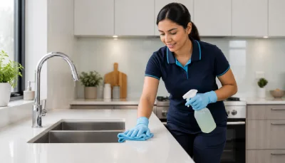 Professional cleaners providing exit cleaning for a modern kitchen by Swift Cleaning