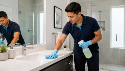 Swift Cleaning professional cleaner completing end of lease cleaning and tenancy cleaning in a modern bathroom Bathroom Cleaning services provider in Glenelg Adelaide