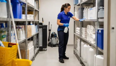 Swift Cleaning professional cleaner organizing and cleaning a storage supply room during tenancy cleaning Laundry Cleaning services provider in Glenelg Adelaide