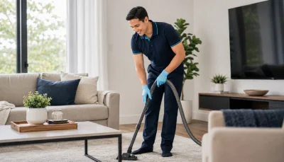 Swift Cleaning professional cleaner vacuuming a living room during end of lease and vacate cleaning Swift Cleaning professional cleaner vacuuming a living room during end of lease and vacate cleaning